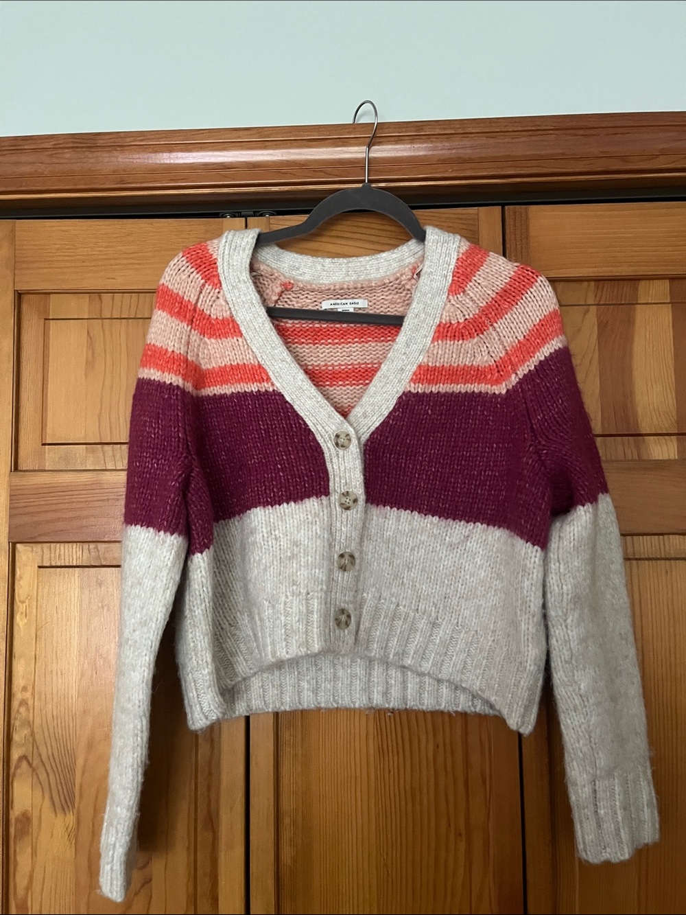 American Eagle Outfitters Striped V‑Neck Button Cardigan in Cream, Plum & Coral
